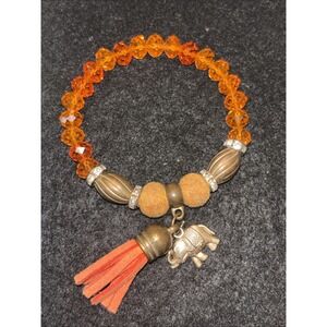 Vintage Orange Bead Beaded Stretch Bracelet With Tassel & Elephant Charm